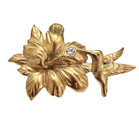 Monet Matte Gold Tone Hummingbird Flower Brooch Rhinestone Vintage Pin Signed,J1 - Picture 10 of 10
